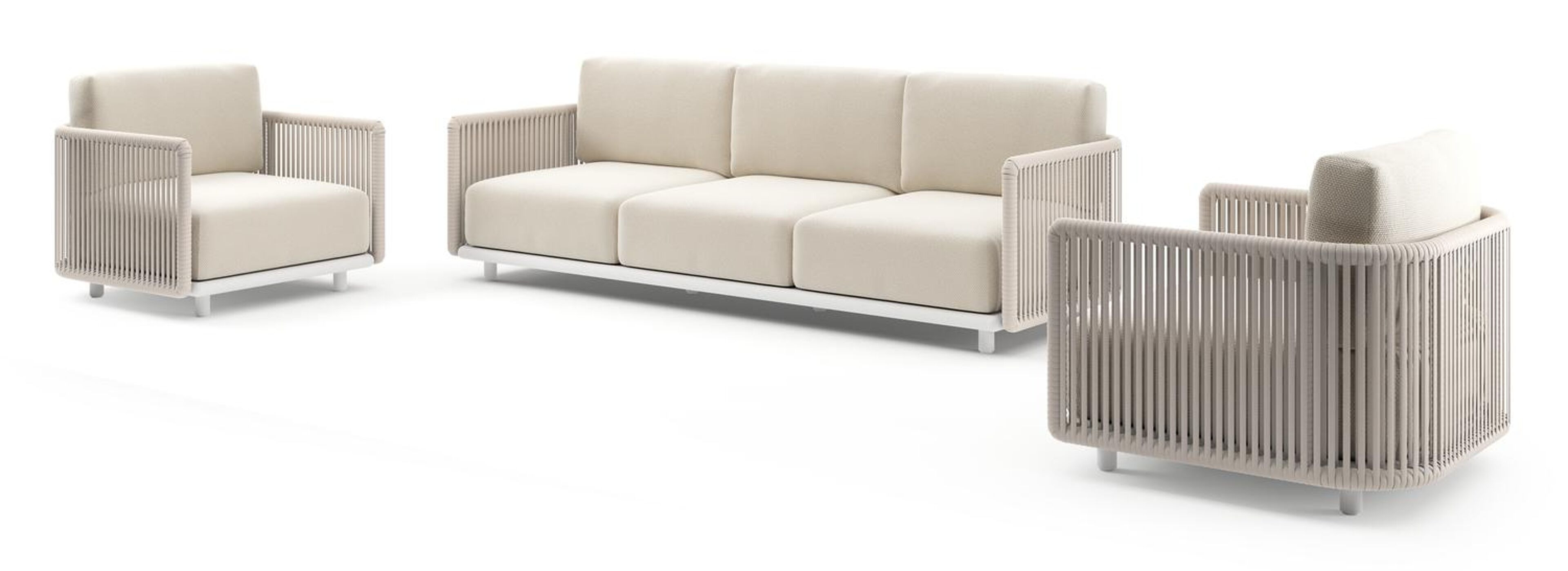 Organo loungeset in wit aluminium en beige verticaal geweven luxe vlakke rope met althea off white All Weather Cosytica kussens