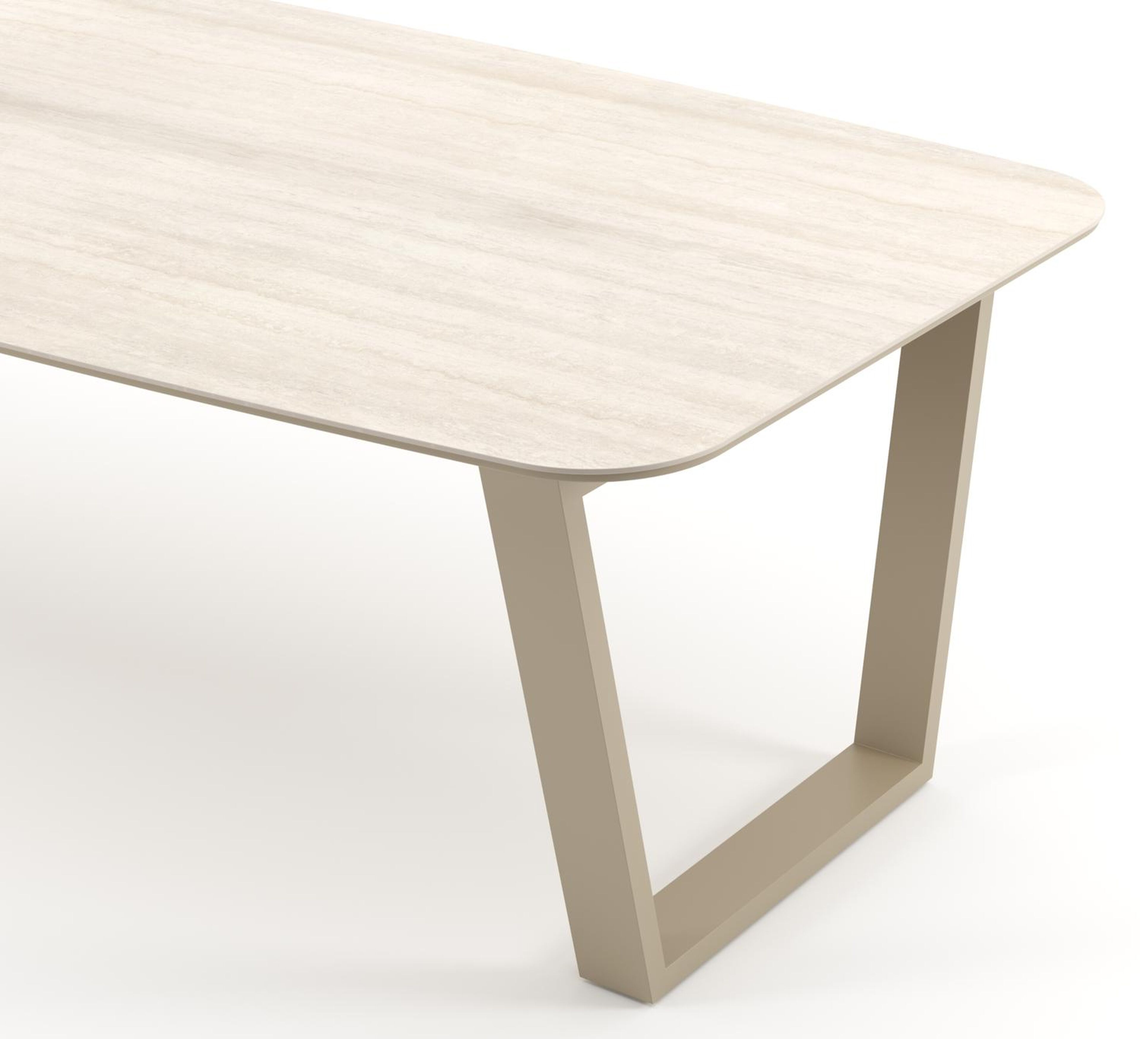 Table de jardin Pagino forme de bateau en aluminium beige et céramique pleine Travertino Bianco - Lg. 255 x Lrg. 115 x Haut. 73 cm