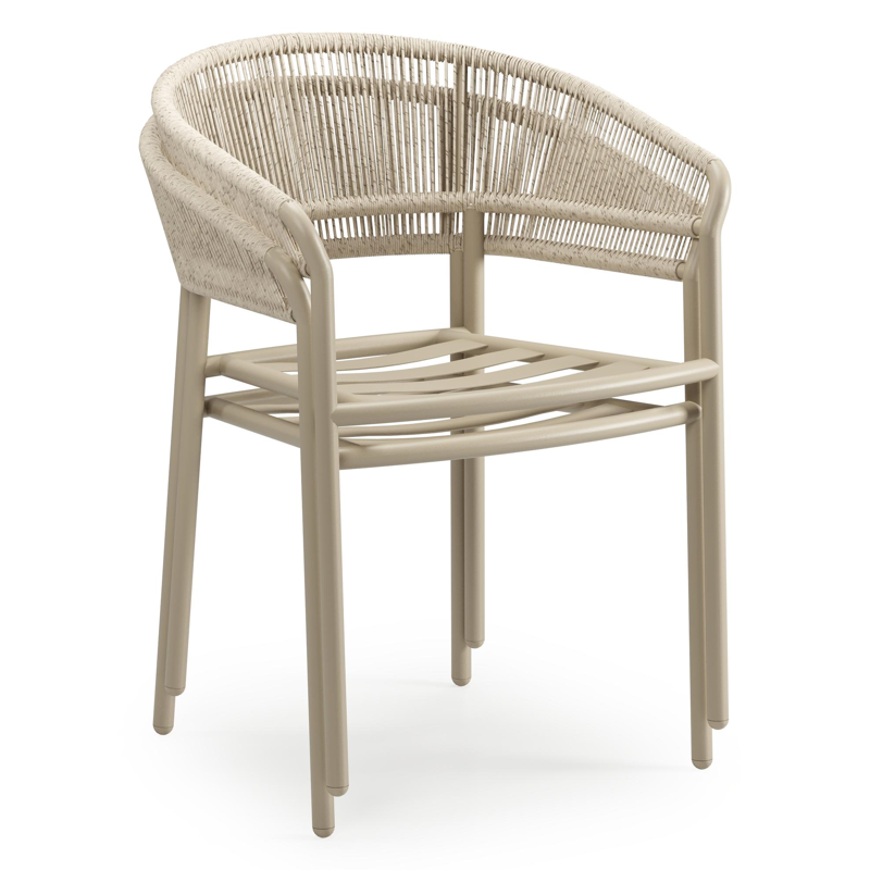 Zamora stapelbare tuinstoel in beige aluminium en beige gedraaide ronde wicker met stoelkussen in Weather+ Softtouch beige