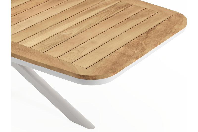 Pamplona bootvormige tuinset in wit aluminium en teak natural finish met 8 Matera tuinstoelen