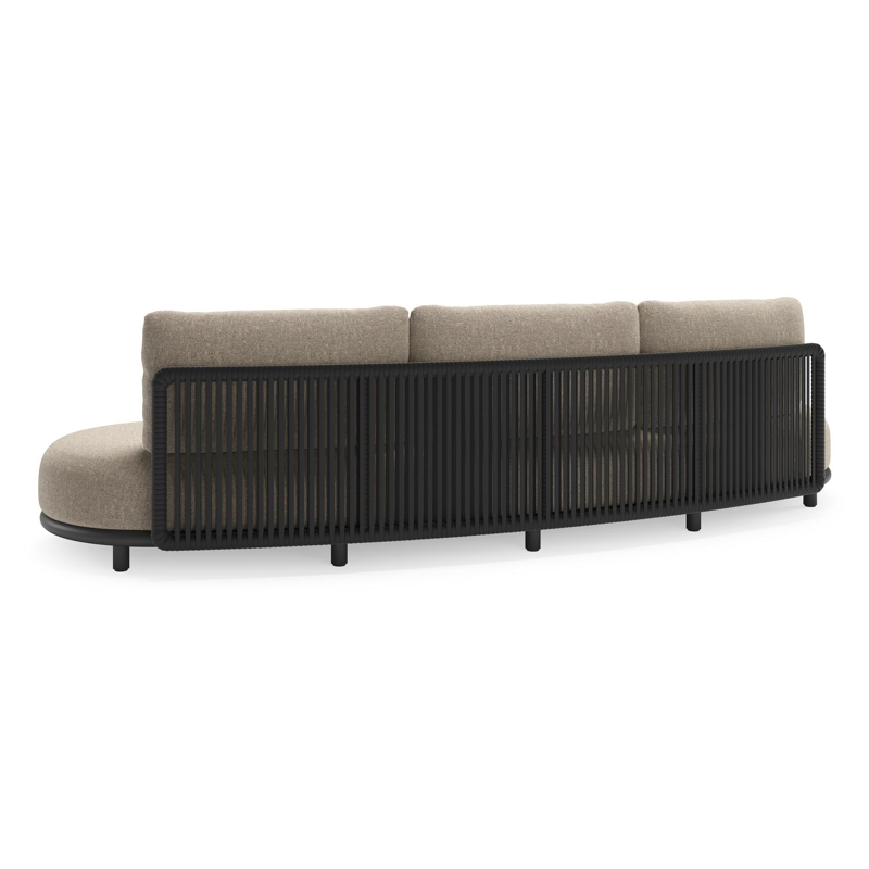 Lomano loungebank in zwart aluminium en zwart verticaal geweven luxe vlakke rope met chartres pewter all weather sunbrella® luxe kussen