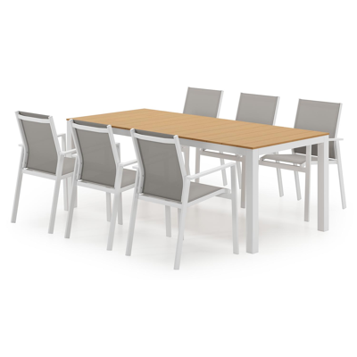 Ensemble de jardin Toma en aluminium blanc et polywood avec 6 chaises de jardin Bahia