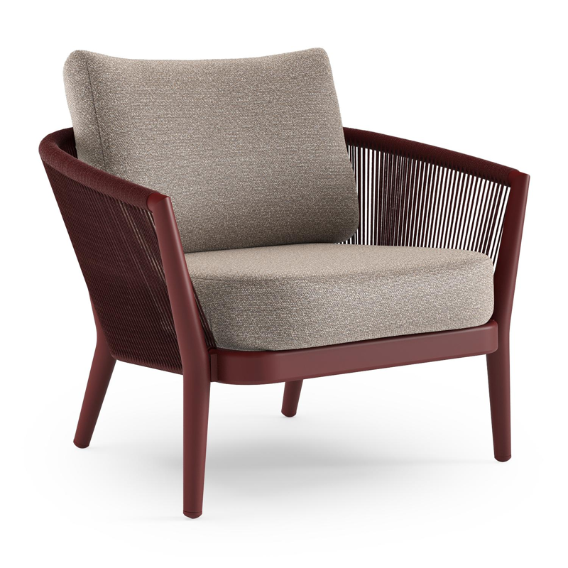 Orso loungestoel in ruby aluminium en ruby verticaal geweven ronde rope met Wander Manioc all weather sunbrella® luxe kussen