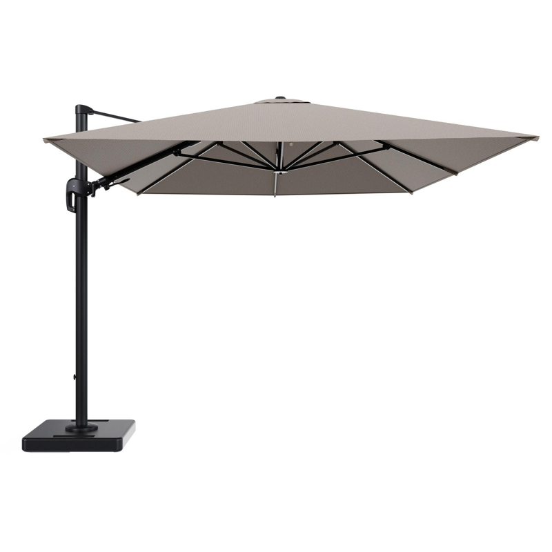Rufina zweefparasol tiltfunctie in zwart aluminium en parasoldoek in All Weather Solica Firenze Earth - L1 400 x L2 300 cm met parasolvoet Lapido 160 kg