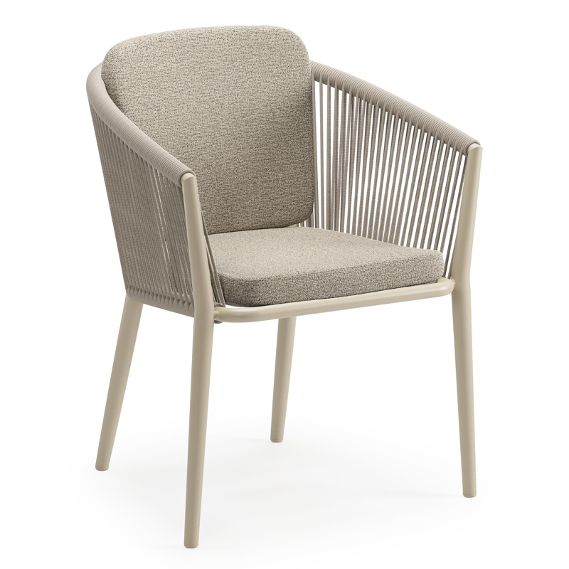 Orso tuinstoel in beige aluminium en beige verticaal geweven ronde rope met zitkussen in All Weather Cosytica Catania Beige