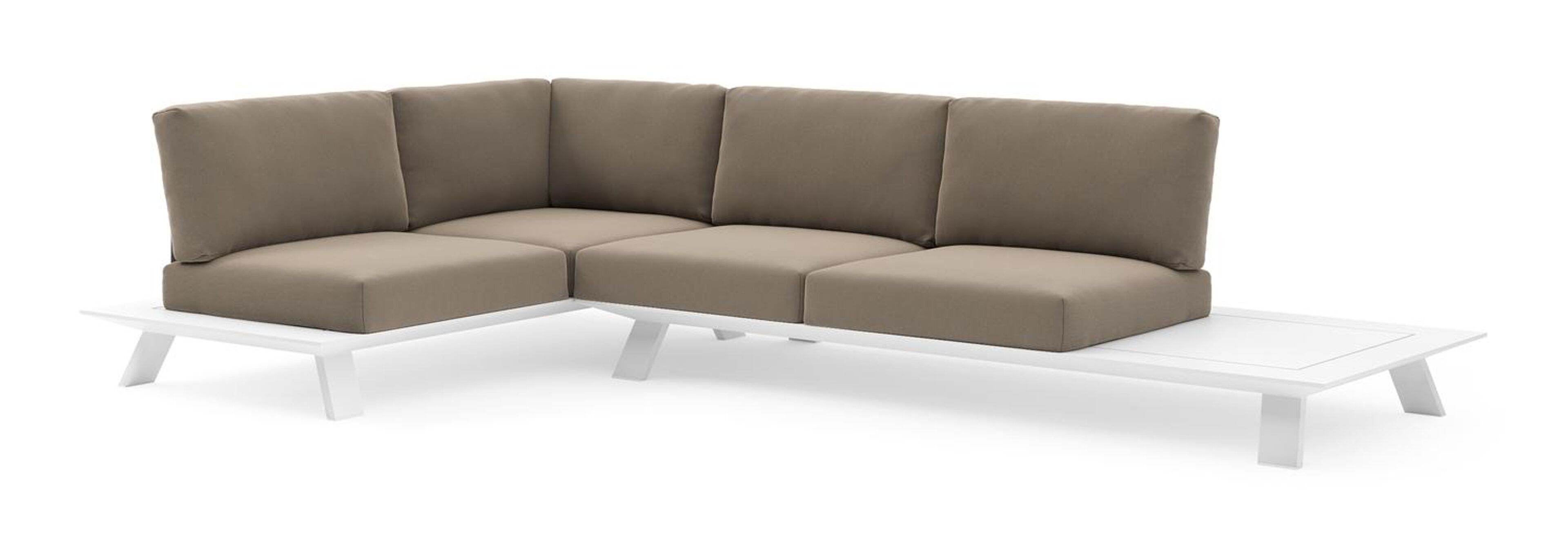 Salon de jardin d'angle Cesano en aluminium blanc et coussin en all weather Sunbrella® luxe natte heather grey