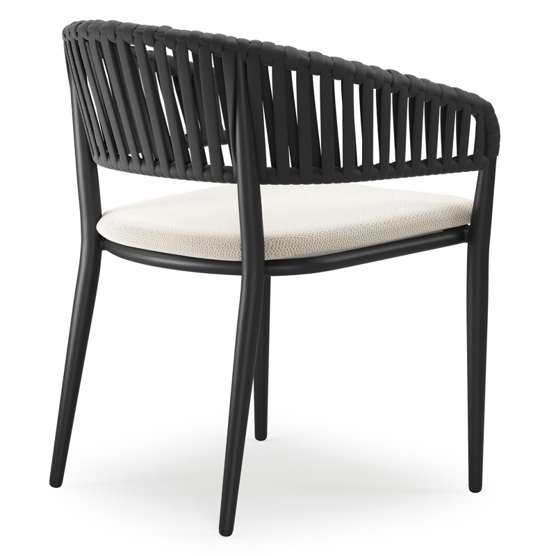 Tolfa stapelbare tuinstoel in zwart aluminium en zwart verticaal geweven luxe vlakke brede rope met stoelkussen in All Weather Sunbrella® Luxe Lopi Marble