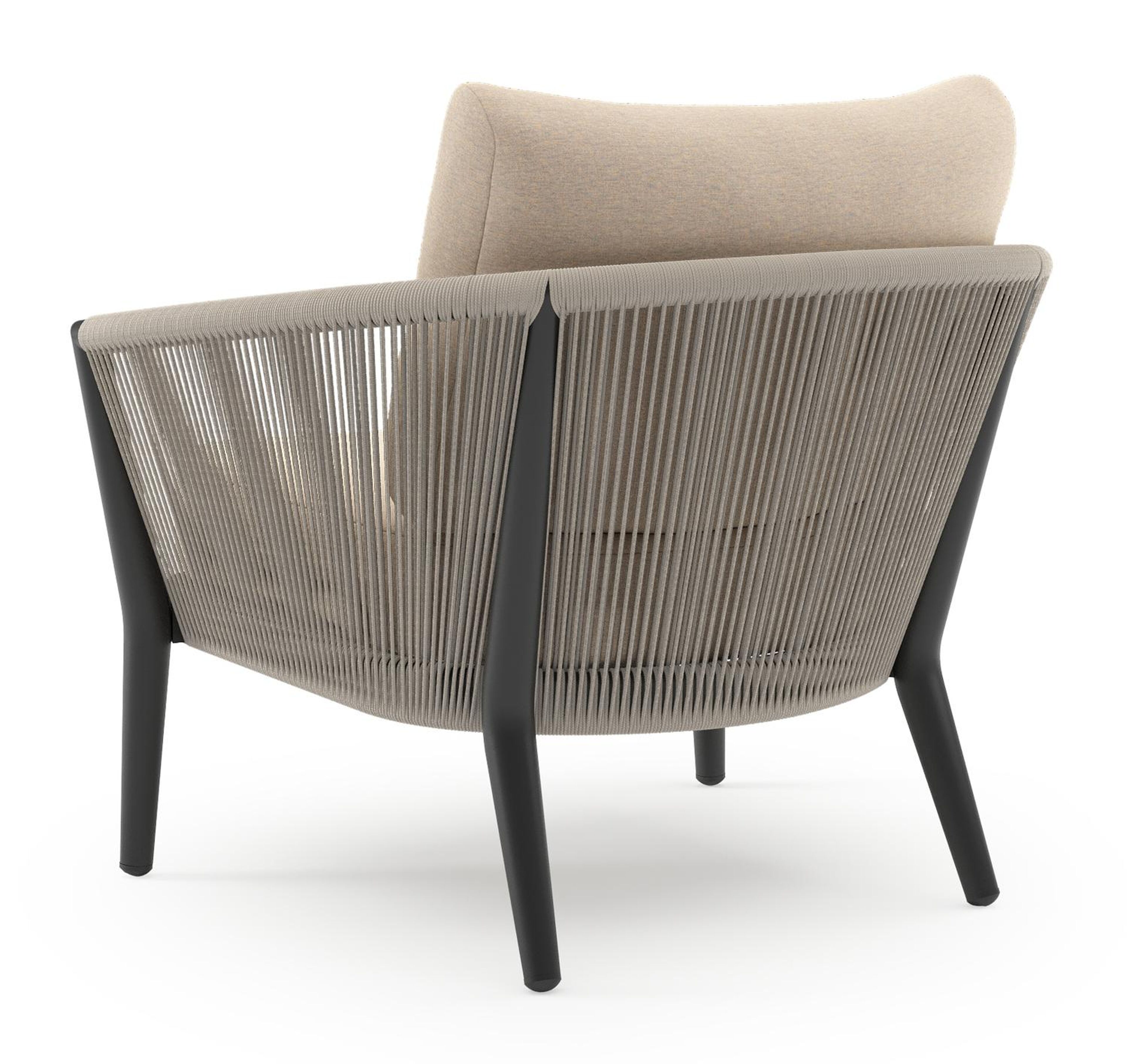 Orso loungestoel in zwart aluminium en beige verticaal geweven ronde rope met Heritage Papyrus all weather sunbrella® luxe kussen