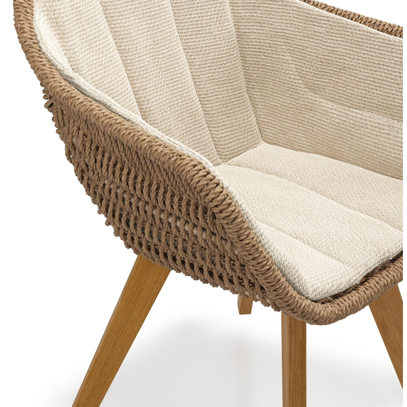 Pagino tuinstoel in teak en bruin ronde wicker met zitkussen in All Weather Cosytica Althea Chalk