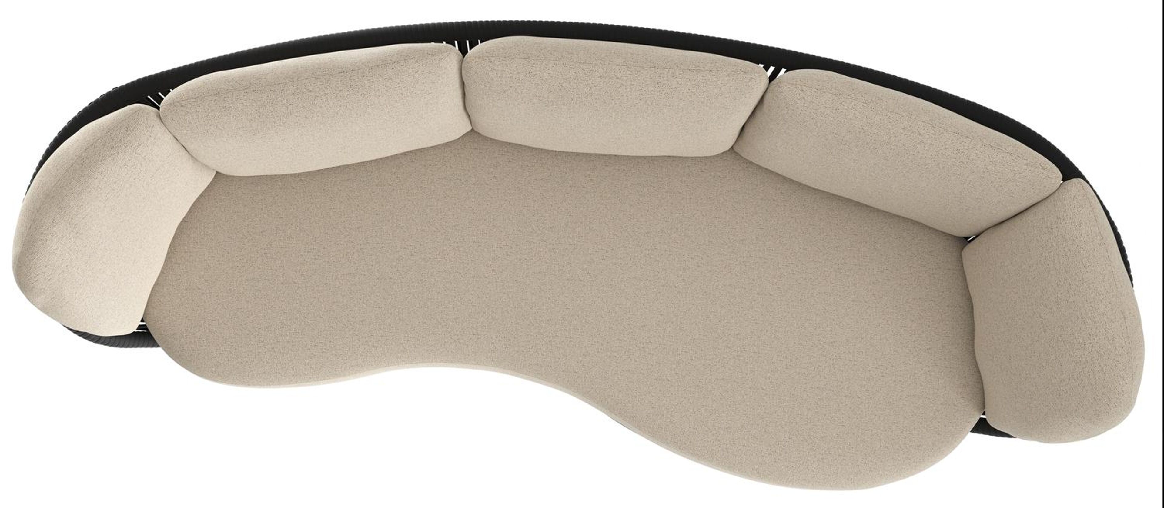 Canapé de jardin Lupino en aluminium noir et corde large plate de luxe tissée verticalement noir et coussins en all weather cosytica marbella beige