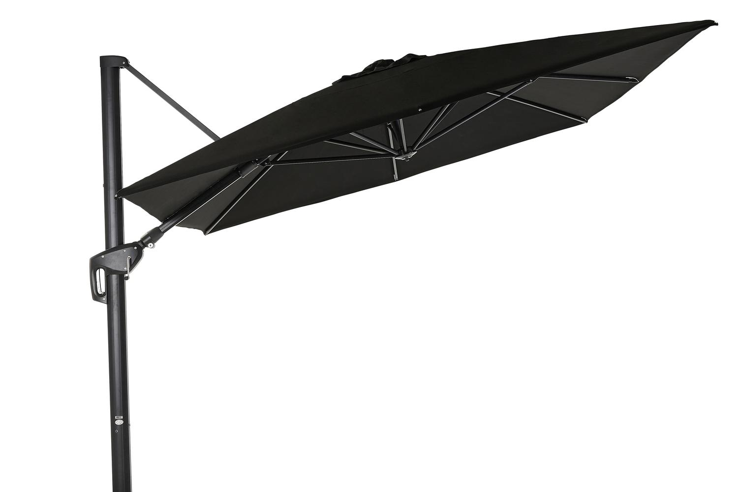 Minore zweefparasol met tiltfunctie in zwart aluminium met zwart all weather sunbrella® premium parasoldoek - L1 400 x L2 300 cm (zonder voet)