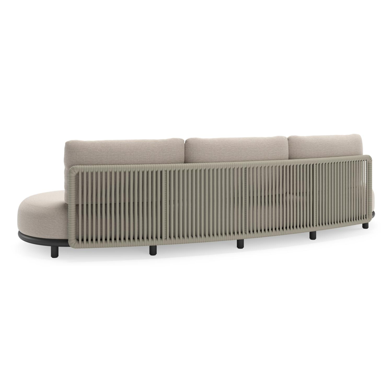 Canapé de jardin Lomano en aluminium noir et corde luxe plate tissée verticalement beige et coussins en all weather sunbrella® luxe Slow Farafra