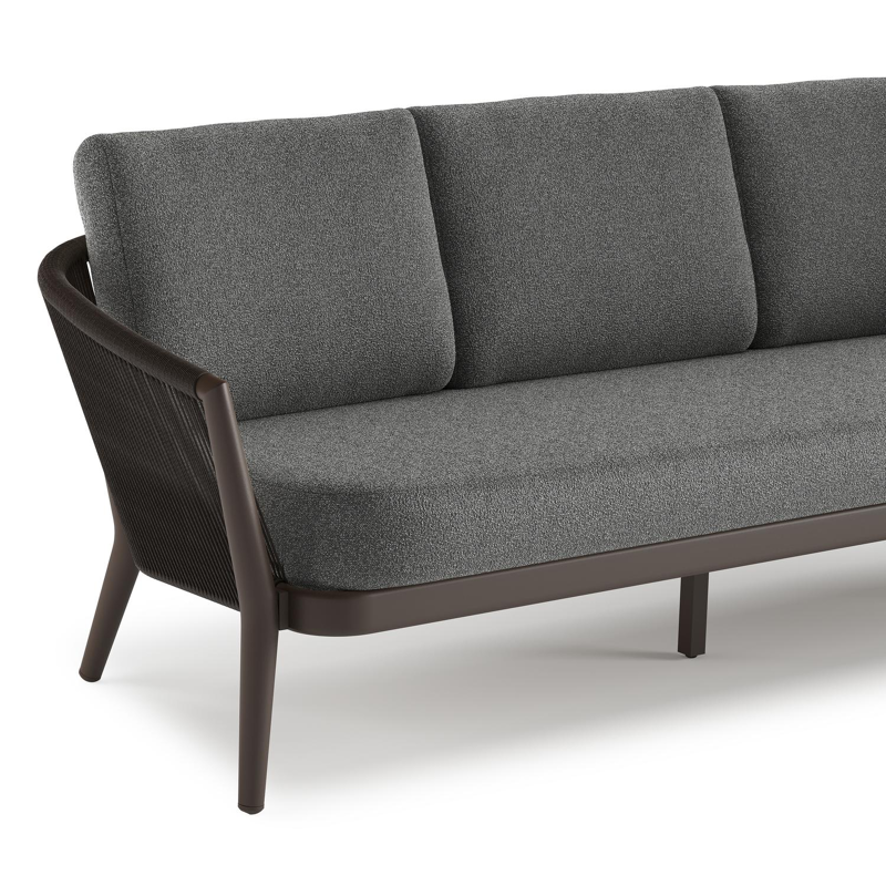 Orso loungeset in donkerbruin aluminium en donkerbruin verticaal geweven ronde rope met Catania Black all weather cosytica kussen