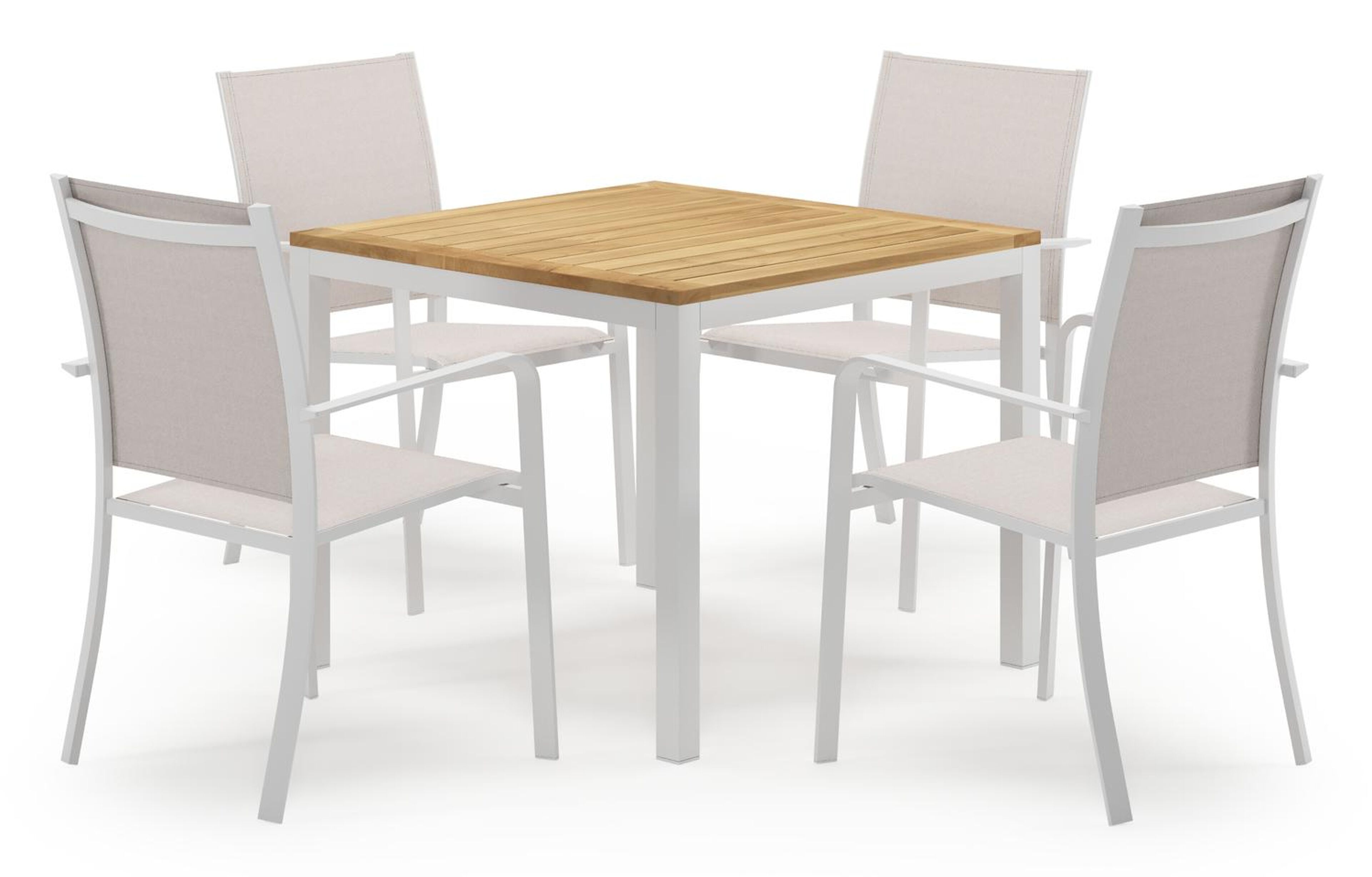 Feltro vierkante tuinset in wit aluminium en teak natural finish met 4 Calobra tuinstoelen