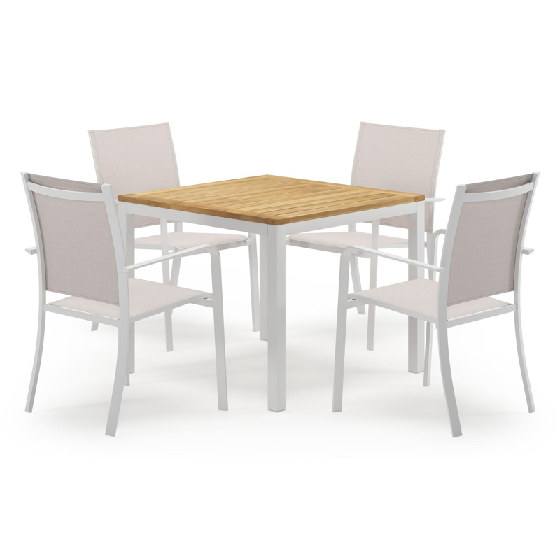 Feltro vierkante tuinset in wit aluminium en teak natural finish met 4 Calobra tuinstoelen