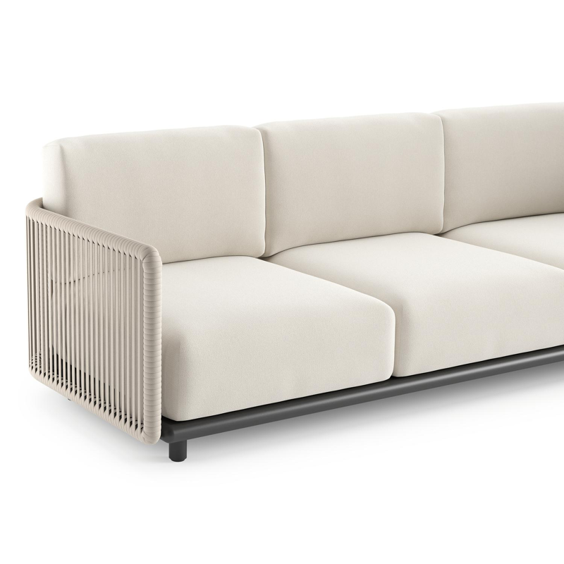 Organo loungebank in zwart aluminium en beige verticaal geweven luxe vlakke rope met savane white all weather Sunbrella® luxe kussen