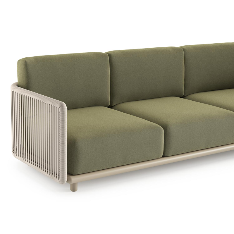 Organo loungehoek in beige aluminium en beige verticaal geweven luxe vlakke rope met heritage leaf all weather Sunbrella® luxe kussen