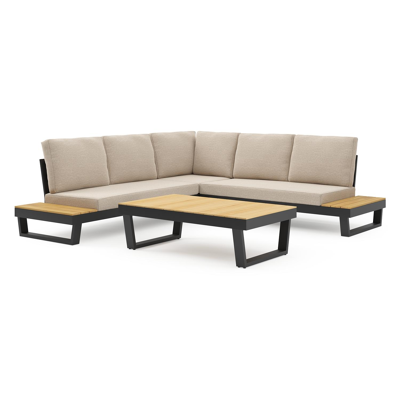 Modica loungehoek in zwart aluminium met rustic weather+ softtouch kussens en loungetafel