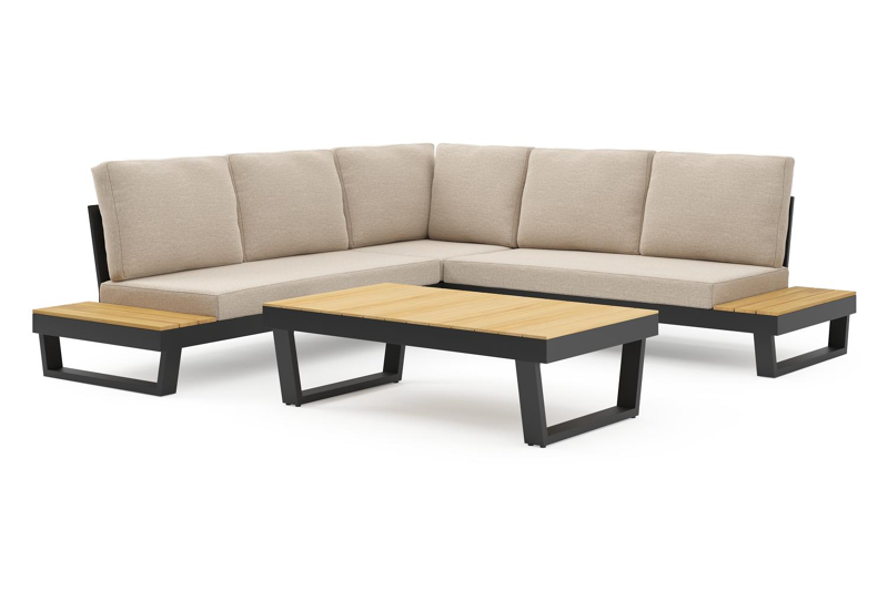 Modica loungehoek in zwart aluminium met rustic weather+ softtouch kussens en loungetafel