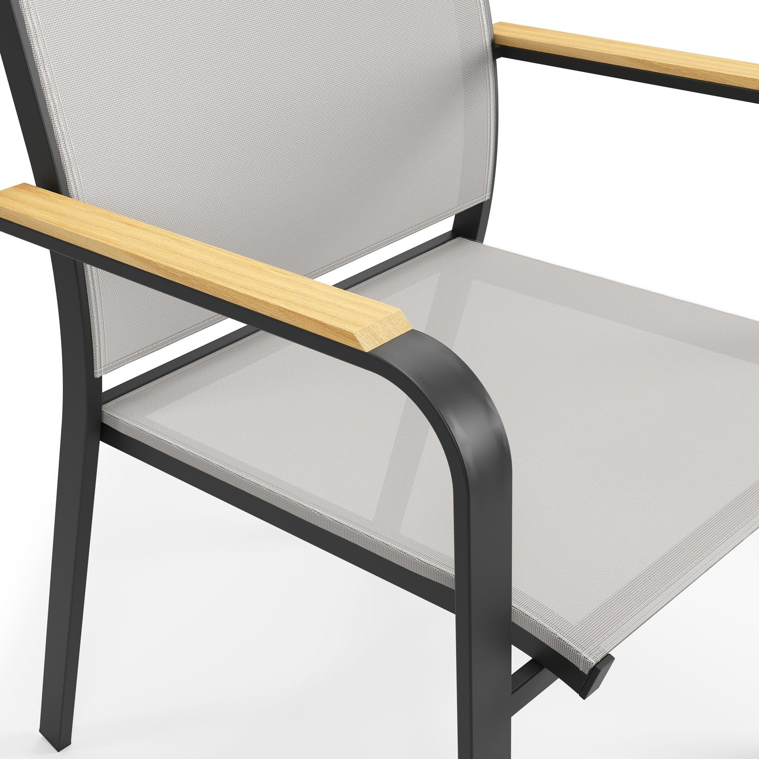 Varese tuinset in zwart aluminium en naturel teak tafelblad met 6 stapelbare Amalfi tuinstoelen