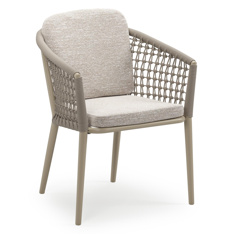 Chaise de jardin empilable Orso en aluminium beige et corde ronde tissée résille beige avec coussin en All Weather Sunbrella® Luxe Tundra Sand