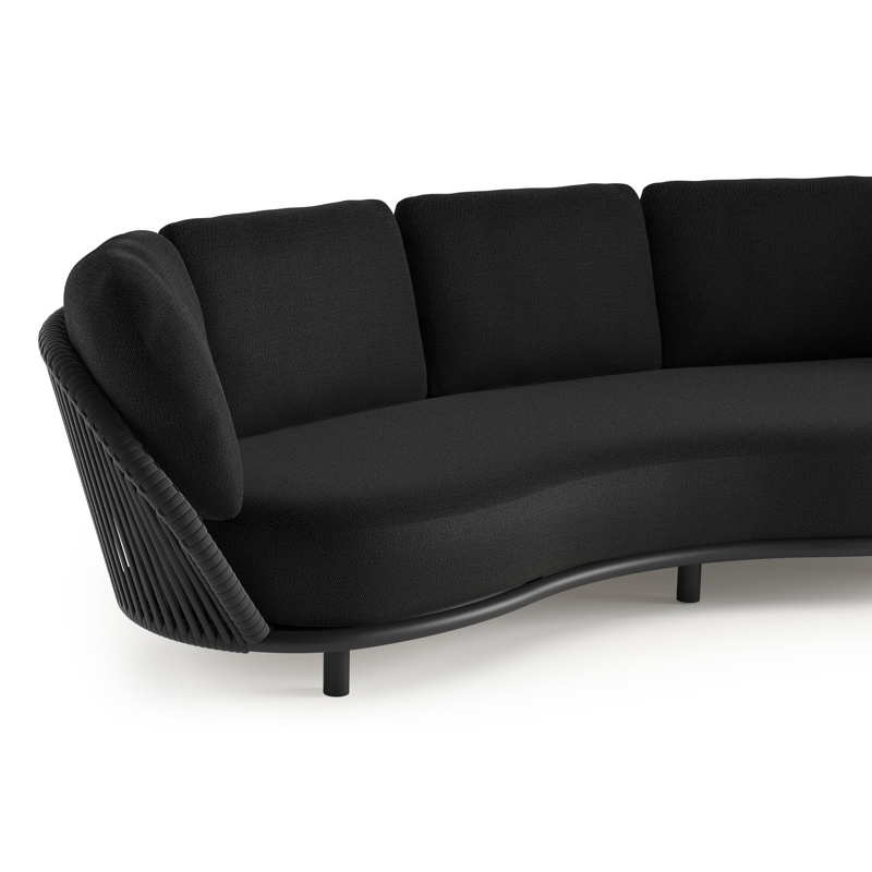 Salon de jardin Lupino en aluminium noir et corde large plate de luxe tissée verticalement noir et coussins en all weather sunbrella® luxe lopi baribal