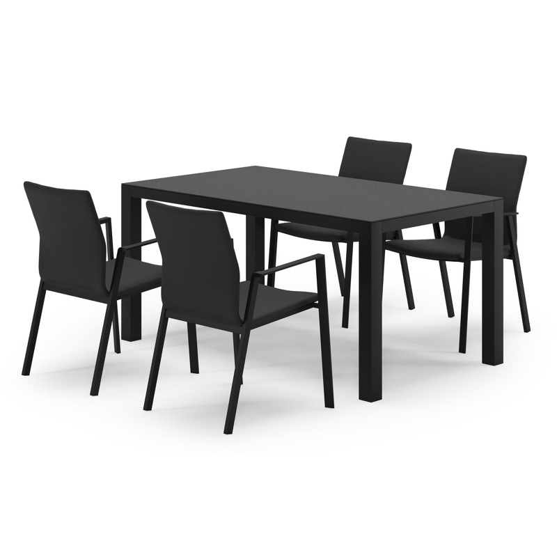 Varese rechthoekige tuinset in zwart aluminium en sintered stone notte minerale met 4 Madura tuinstoelen
