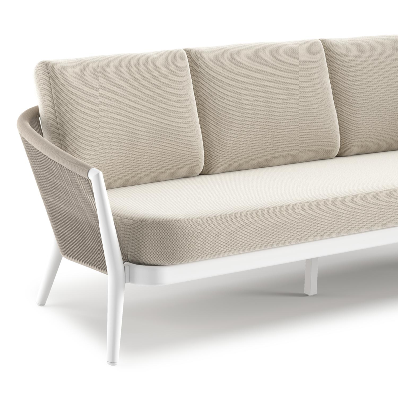 Orso loungebank in wit aluminium en beige verticaal geweven ronde rope met Lopi Marble all weather sunbrella® luxe kussen