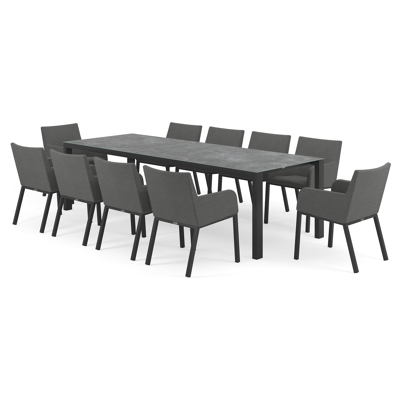 Trente tuinset in zwart aluminium en grijs keramisch glas tafelblad met 10 Rivo tuinstoelen