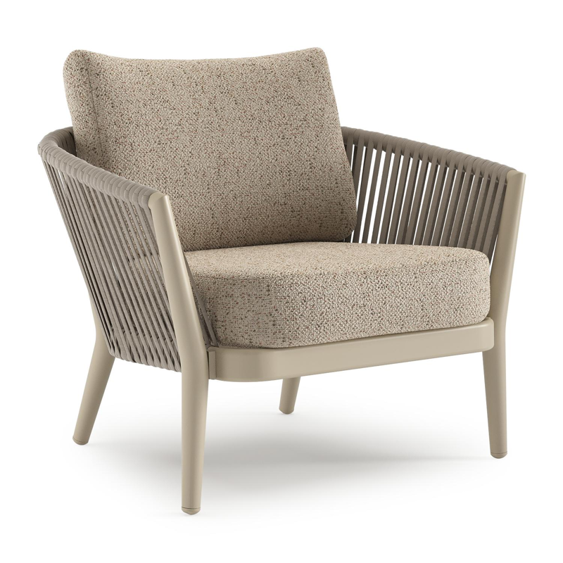 Fauteuil de jardin Orso en aluminium beige en corde ronde tissée verticalement beige et coussins en all weather cosytica Bora Jungle