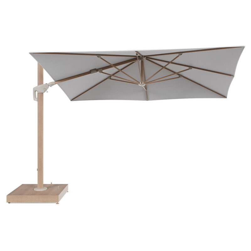 Minore zweefparasol met tiltfunctie in houtlook aluminium en Ego Birch All Weather Solica parasoldoek - L1 280 x L2 370 cm met parasolvoet Minore 260 kg met wielen