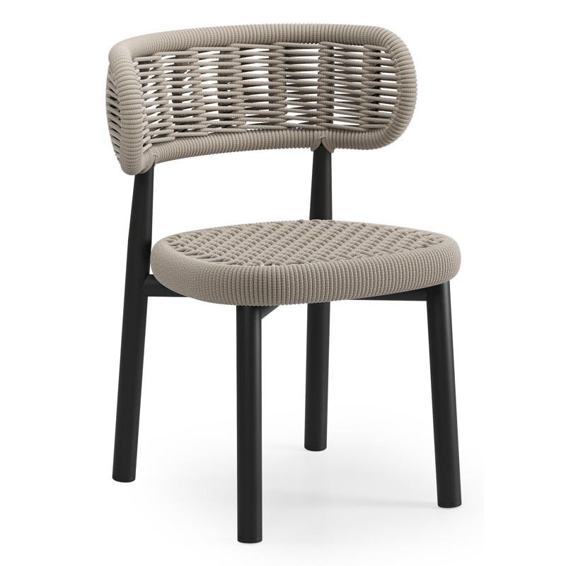 Lomo tuinstoel in zwart aluminium en beige vierkant geweven ronde rope 