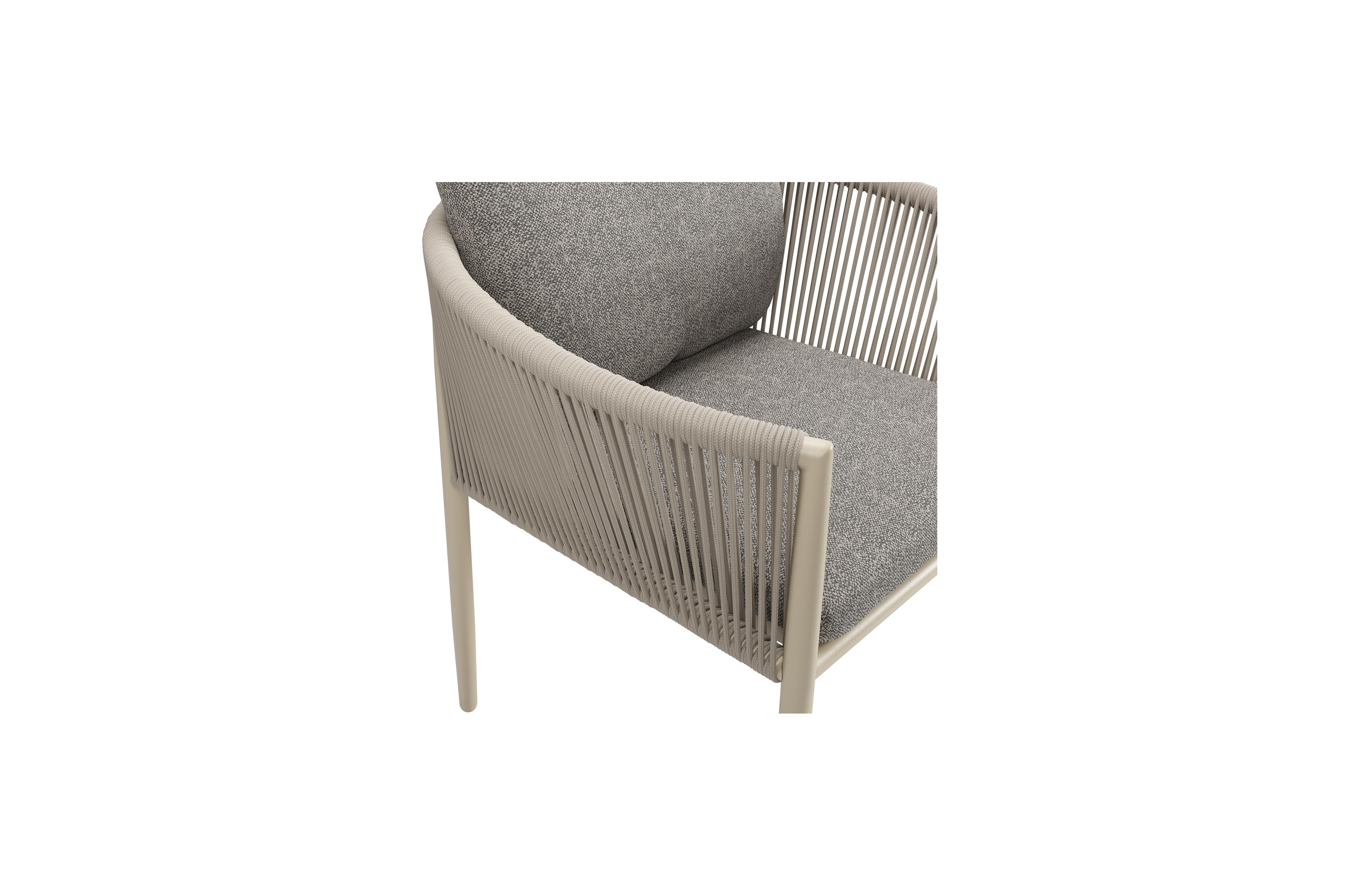 Organo tuinstoel in zwart aluminium en beige verticaal geweven ronde rope met stoelkussen in All Weather Sunbrella® Luxe Chartres Drizzle