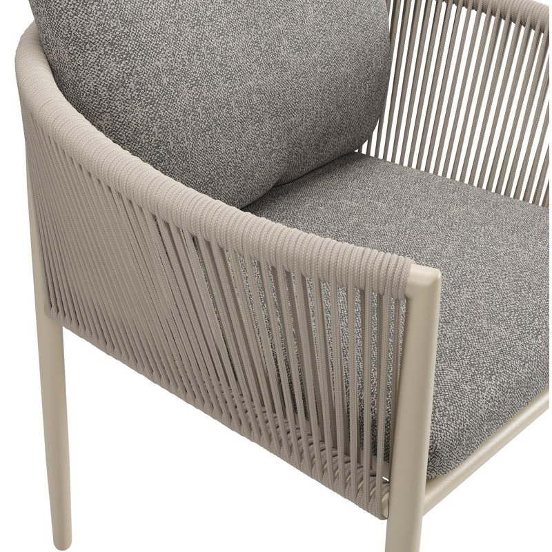 Chaise de jardin Organo en aluminium noir et corde ronde tissée verticalement beige avec coussin en All Weather Sunbrella® Luxe Chartres Drizzle