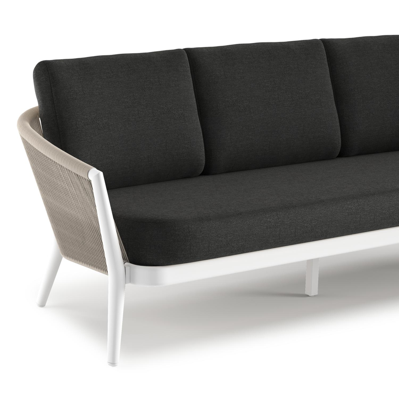 Orso loungeset in wit aluminium en beige verticaal geweven ronde rope met Chartres Sooty all weather sunbrella® luxe kussen