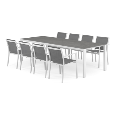 Trente tuinset in wit aluminium en grijs volkeramiek tafelblad met 8 stapelbare Bareto tuinstoelen