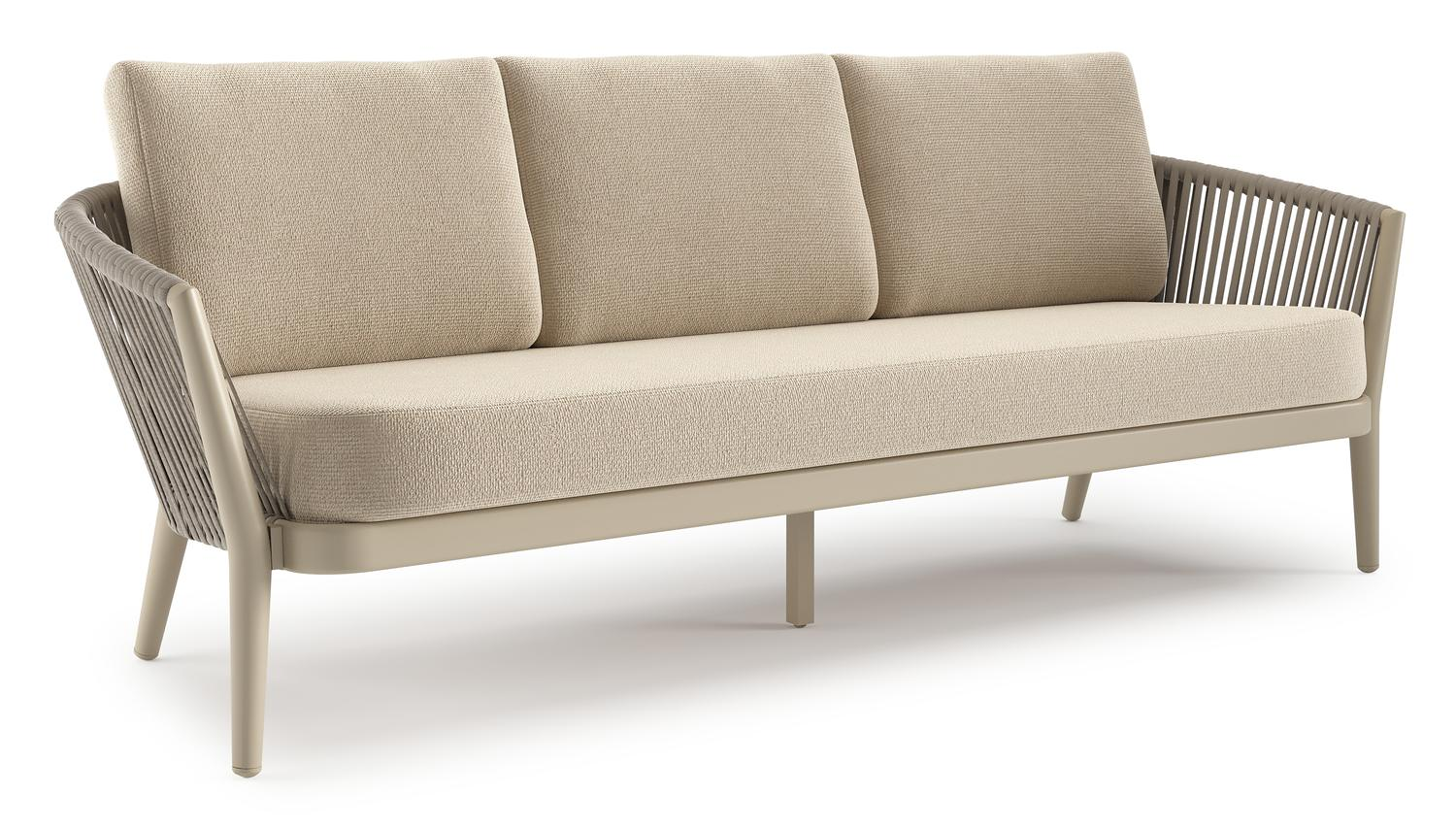 Orso loungebank in beige aluminium en beige verticaal geweven ronde rope met Althea Chalk all weather cosytica kussen