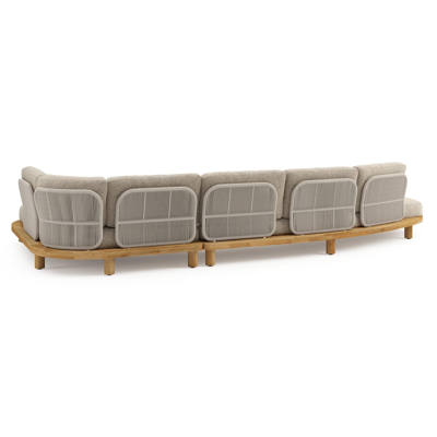 Donato loungehoek in teak en beige verticaal geweven ronde rope met all weather cosytica Bora Jungle kussen