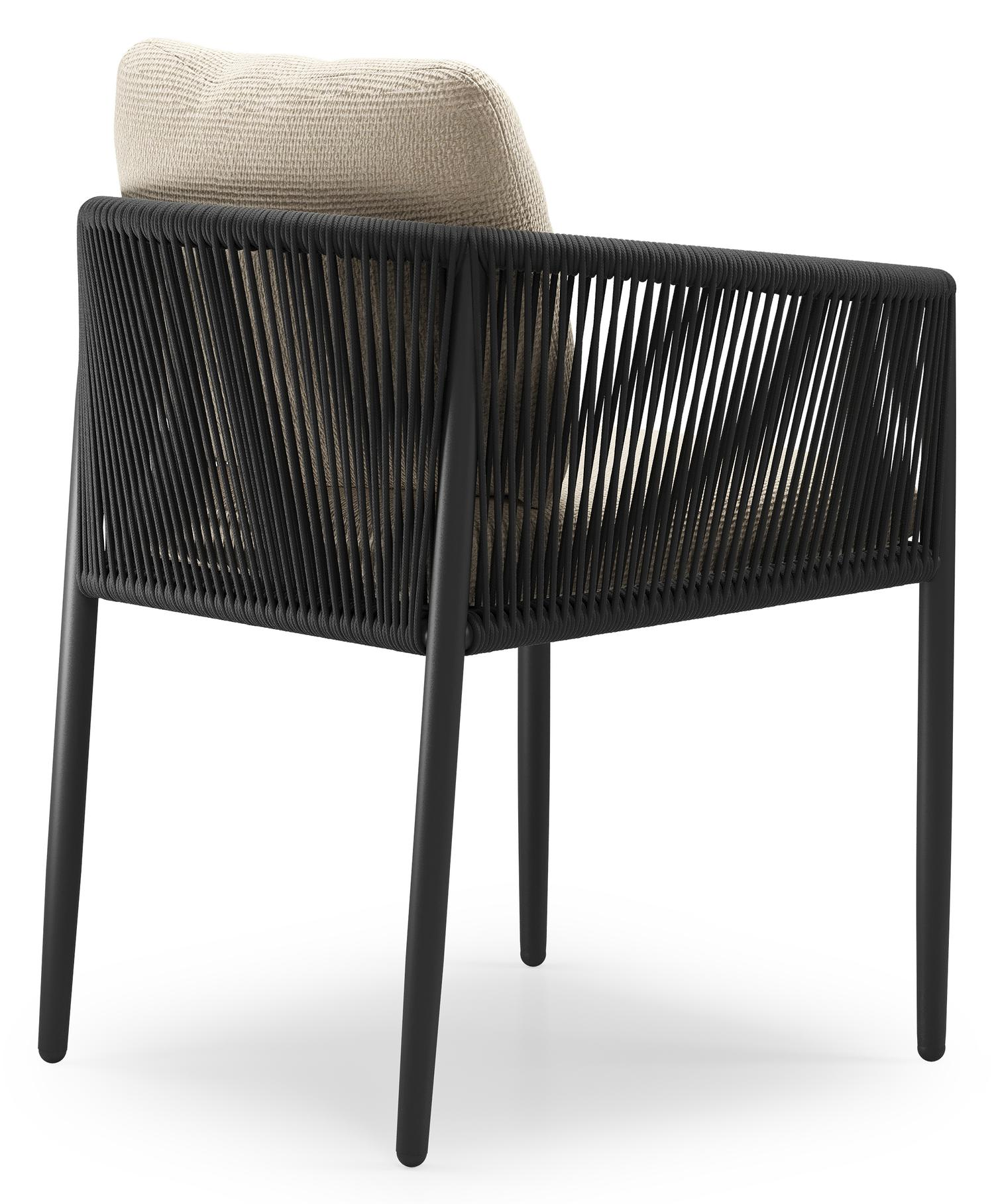 Organo tuinstoel in beige aluminium en beige verticaal geweven ronde rope met stoelkussen in All Weather Cosytica Althea Chalk