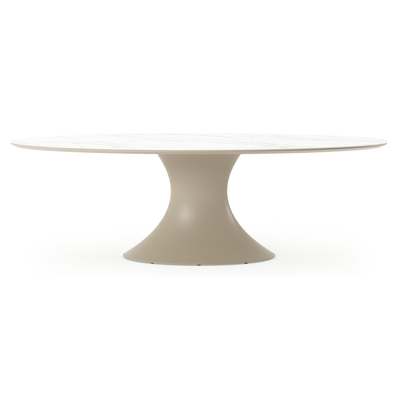 Table de jardin Fano ovale en aluminium beige et céramique pleine Calacatta - Lg. 240 x Lrg. 135 x Haut. 75 cm