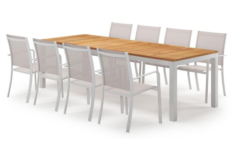 Varese rechthoekige tuinset in wit aluminium en teak colour finish met 8 Calobra tuinstoelen
