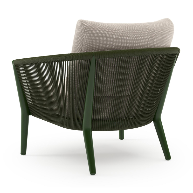 Orso loungestoel in groen aluminium en groen verticaal geweven ronde rope met Slow Farafra all weather sunbrella® luxe kussen