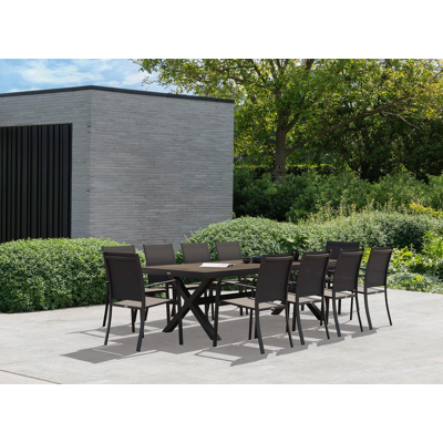 Ensemble de jardin Reza en aluminium noir avec plateau de table en céramique pleine noir et 10 chaises de jardin empilables Calobra