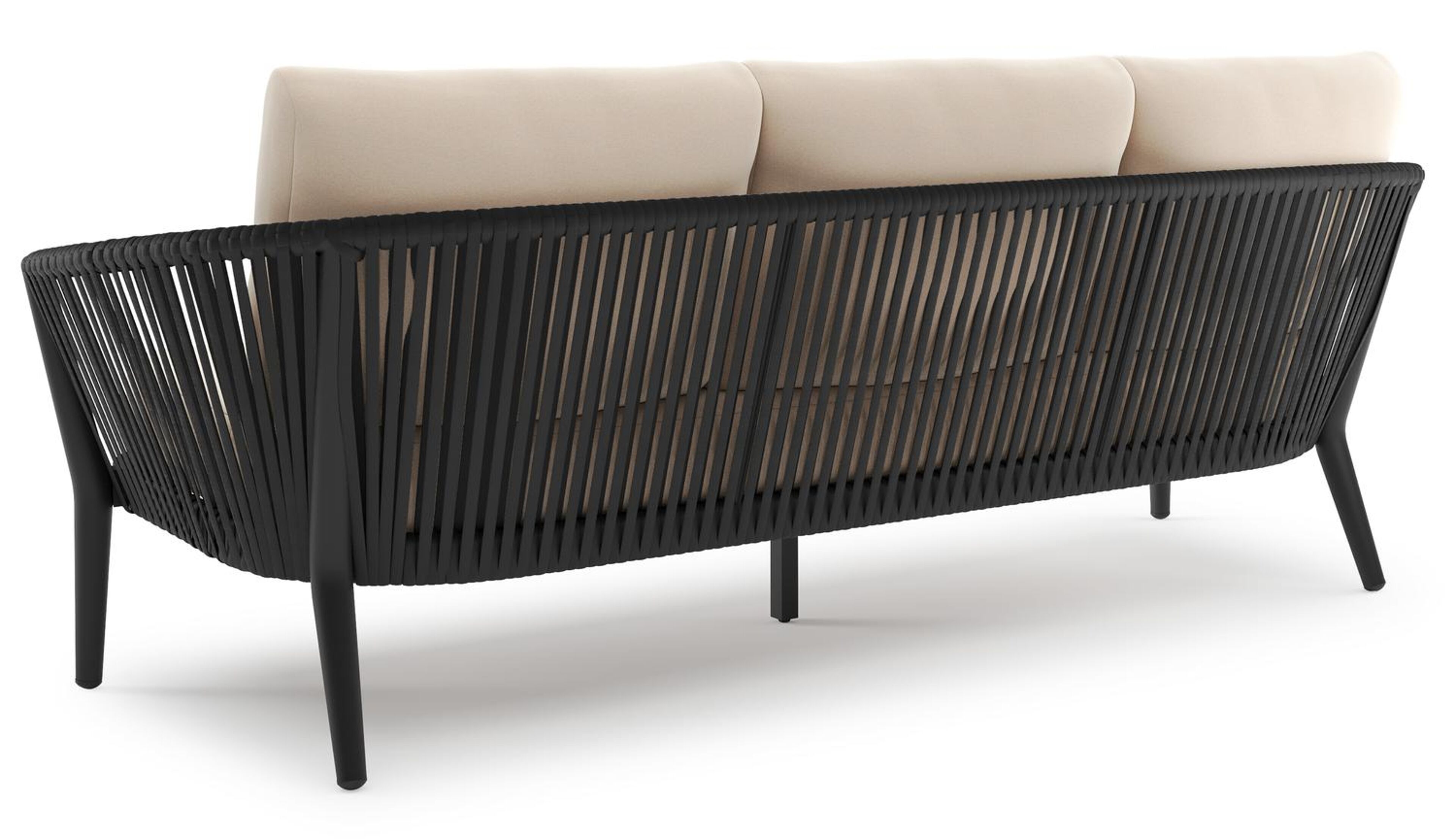 Orso loungeset in zwart aluminium en zwart verticaal geweven luxe vlakke rope met Natte Linen Chalk all weather sunbrella® luxe kussen