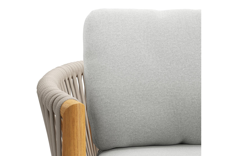 Organo tuinstoel in teak en beige verticaal geweven luxe vlakke rope met zitkussen in All Weather Sunbrella® Luxe Natte Grey Chine