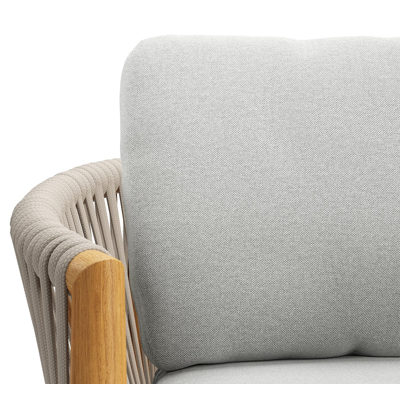 Organo tuinstoel in teak en beige verticaal geweven luxe vlakke rope met zitkussen in All Weather Sunbrella® Luxe Natte Grey Chine