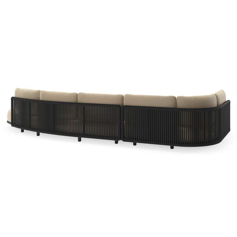 Salon de jardin d'angle Lomano en aluminium noir et corde luxe plate tissée verticalement noir et coussins en all weather cosytica althea camel