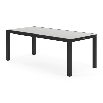 Oviedo tuinset met verlengbare tafel in zwart aluminium en grijs glas tafelblad met 8 stapelbare Oviedo tuinstoelen