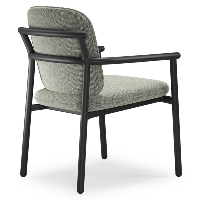 Bono stapelbare tuinstoel in zwart aluminium met stoelkussen in All Weather Sunbrella® Luxe Savane Leaf