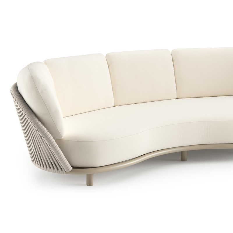 Salon de jardin Lupino en aluminium beige et corde large plate de luxe tissée verticalement beige et coussins en all weather sunbrella® luxe natte white